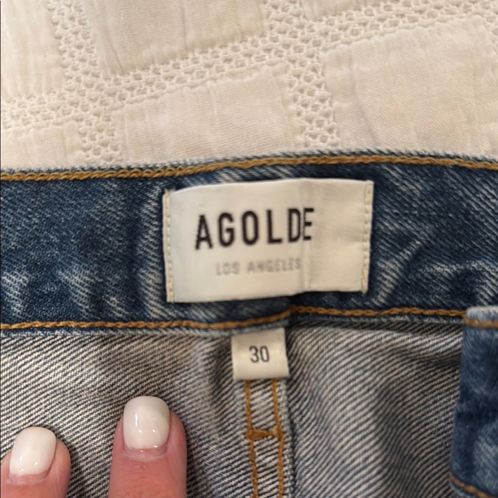 Agolde Blue Jean Shorts High-Waisted Frayed Hem - Picture 7 of 7